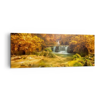 Lærredstryk - Billede på lærred - Skovkaskade i guld - 140x50 cm