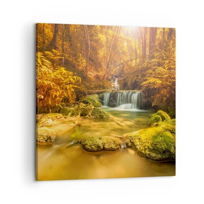 Lærredstryk - Billede på lærred - Skovkaskade i guld - 50x50 cm