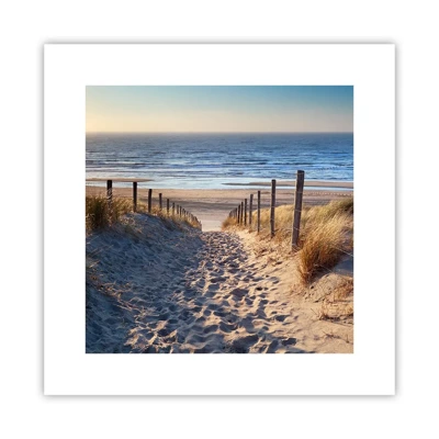 Plakat - Havet brummer, fuglene synger, en vild strand midt i græsset.... - 30x30 cm