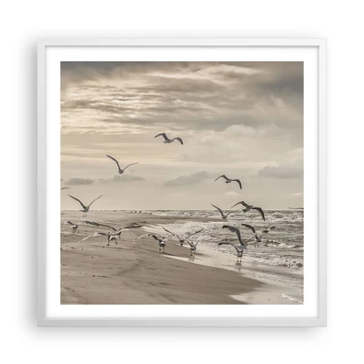 Plakat i hvid ramme - Havet brummer, fuglene synger - 60x60 cm