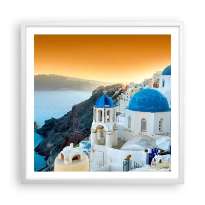 Plakat i hvid ramme - Santorini - omfavnet af klipperne - 60x60 cm