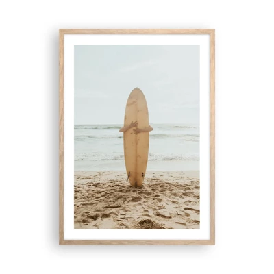 Plakat i ramme af lyst egetræ - Af kærlighed til bølgerne - 50x70 cm