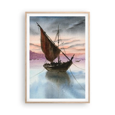 Plakat i ramme af lyst egetræ - Aften i havnen - 70x100 cm