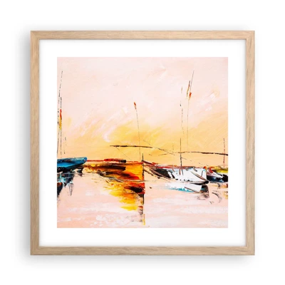 Plakat i ramme af lyst egetræ - En aften i havnen - 40x40 cm