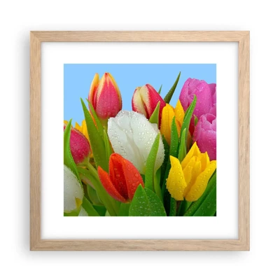 Plakat i ramme af lyst egetræ - En blomstret regnbue i dugdråber - 30x30 cm