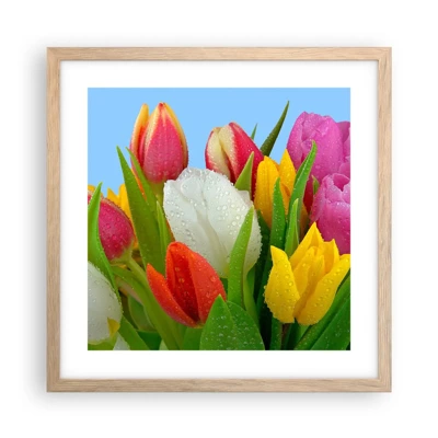 Plakat i ramme af lyst egetræ - En blomstret regnbue i dugdråber - 40x40 cm