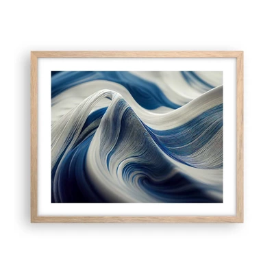 Plakat i ramme af lyst egetræ - Flydende blå og hvide farver - 50x40 cm