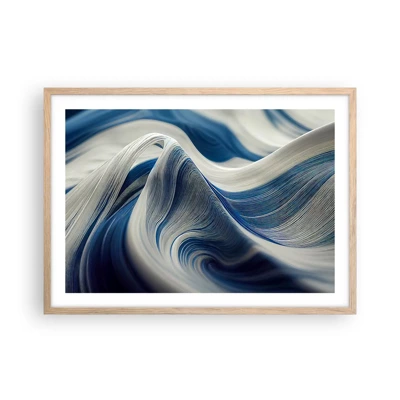 Plakat i ramme af lyst egetræ - Flydende blå og hvide farver - 70x50 cm