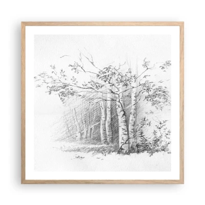 Plakat i ramme af lyst egetræ - Lyset fra birkeskoven - 60x60 cm