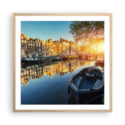 Plakat i ramme af lyst egetræ - Morgen i Amsterdam - 60x60 cm