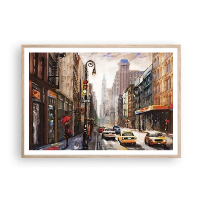 Plakat i ramme af lyst egetræ - New York - også farverig i regnvejr - 100x70 cm