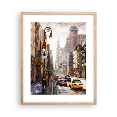 Plakat i ramme af lyst egetræ - New York - også farverig i regnvejr - 40x50 cm