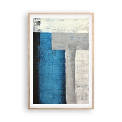 Plakat i ramme af lyst egetræ - Poetisk komposition af grå og blå - 61x91 cm