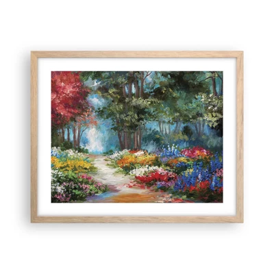 Plakat i ramme af lyst egetræ - Skovhave, blomsterskov - 50x40 cm