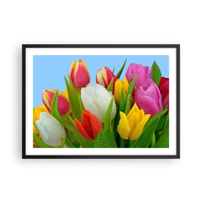 Plakat i sort ramme - En blomstret regnbue i dugdråber - 70x50 cm