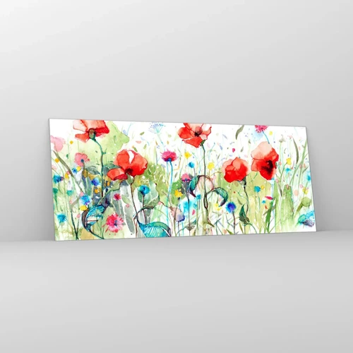 Billede på glas - En blomstrende eng i maj - 100x40 cm