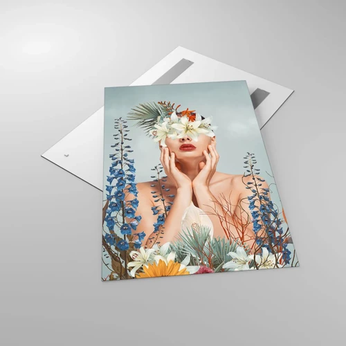 Billede på glas - Kvinde blomst - 80x120 cm