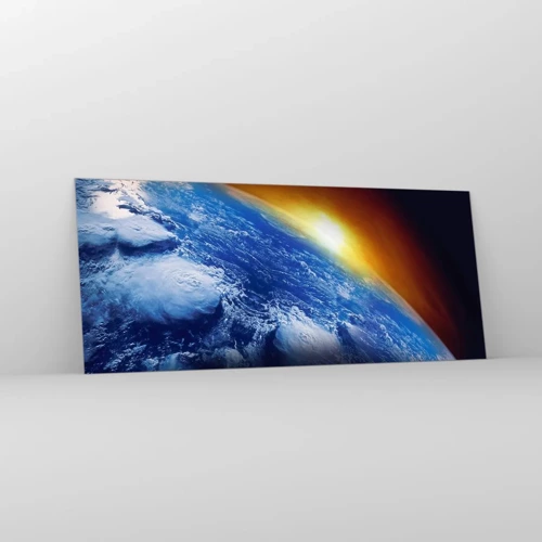 Billede på glas - Solopgang over den blå planet - 120x50 cm