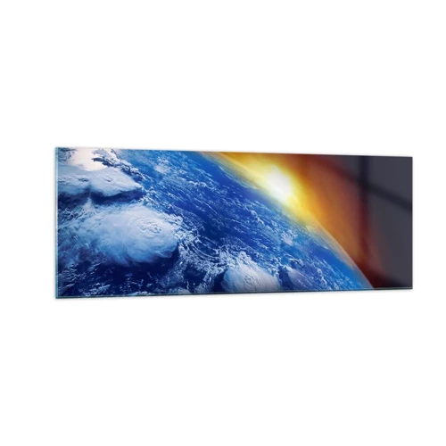 Billede på glas - Solopgang over den blå planet - 140x50 cm