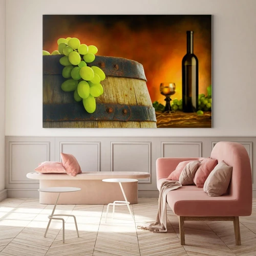 Billede på glas - Stilleben med en flaske vin og en drueklaske - 70x50 cm