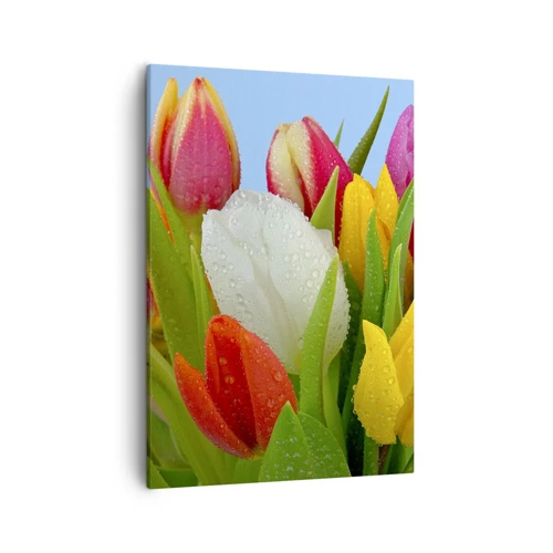 Lærredstryk - Billede på lærred - En blomstret regnbue i dugdråber - 50x70 cm