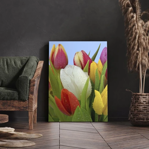 Lærredstryk - Billede på lærred - En blomstret regnbue i dugdråber - 50x70 cm