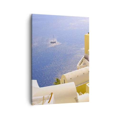 Lærredstryk - Billede på lærred - Græsk landskab i hvid og blå - 50x70 cm