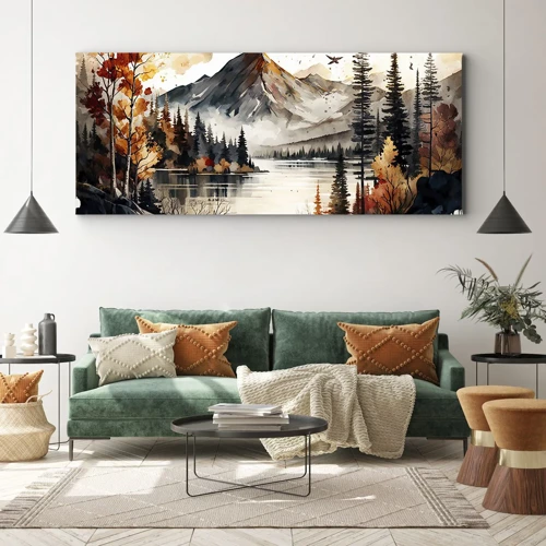 Lærredstryk - Billede på lærred - Gyldent efterår i bjergene - 100x40 cm