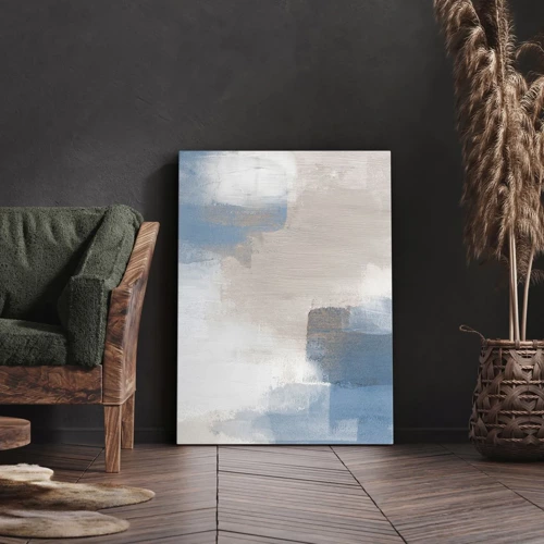 Lærredstryk - Billede på lærred - Lyserød abstraktion bag et slør af blåt - 45x80 cm
