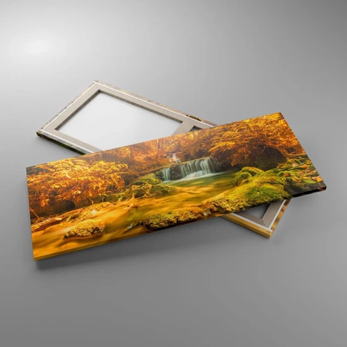 Lærredstryk - Billede på lærred - Skovkaskade i guld - 100x40 cm