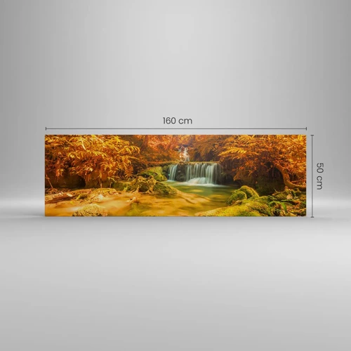 Lærredstryk - Billede på lærred - Skovkaskade i guld - 160x50 cm