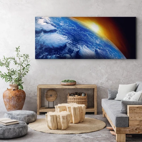 Lærredstryk - Billede på lærred - Solopgang over den blå planet - 100x40 cm