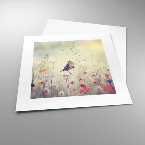 Plakat - Fugleportræt med en eng i baggrunden - 30x30 cm