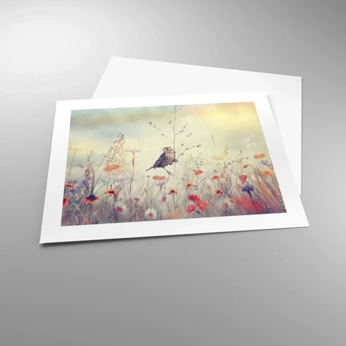 Plakat - Fugleportræt med en eng i baggrunden - 50x40 cm