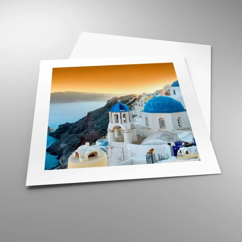 Plakat - Santorini - omfavnet af klipperne - 40x40 cm