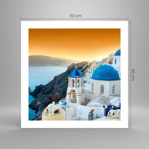 Plakat - Santorini - omfavnet af klipperne - 50x50 cm