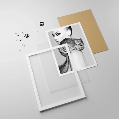 Plakat i hvid ramme - Dame med en chinchilla - 70x100 cm