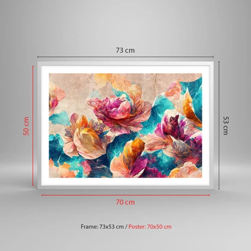 Plakat i hvid ramme - Den farverige pragt i en buket - 70x50 cm