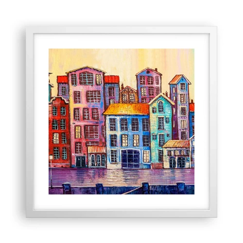 Plakat i hvid ramme - En by som et eventyr - 40x40 cm