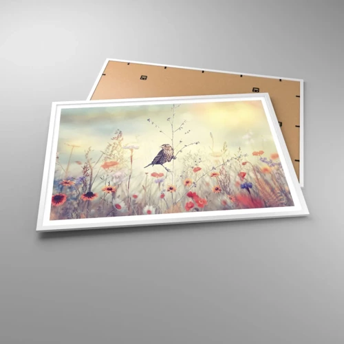 Plakat i hvid ramme - Fugleportræt med en eng i baggrunden - 100x70 cm
