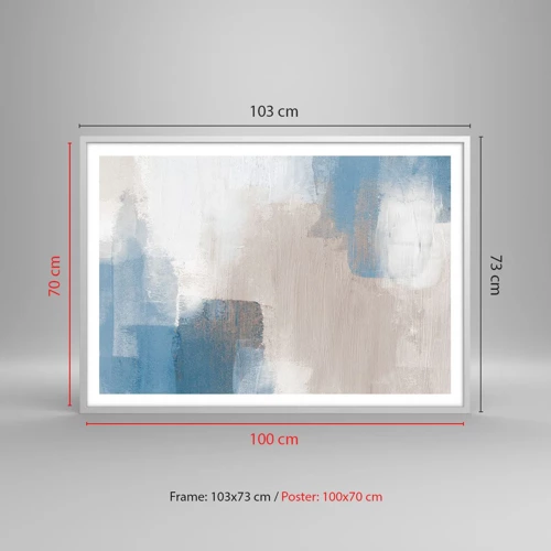 Plakat i hvid ramme - Lyserød abstraktion bag et slør af blåt - 100x70 cm