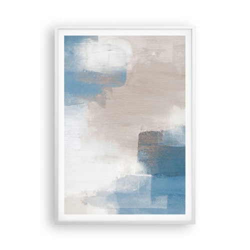Plakat i hvid ramme - Lyserød abstraktion bag et slør af blåt - 70x100 cm
