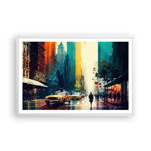 Plakat i hvid ramme - New York - her er selv regnen farverig - 91x61 cm
