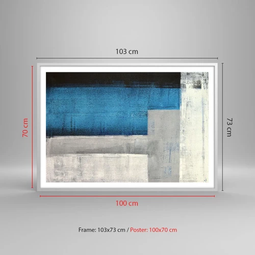 Plakat i hvid ramme - Poetisk komposition af grå og blå - 100x70 cm