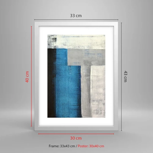 Plakat i hvid ramme - Poetisk komposition af grå og blå - 30x40 cm