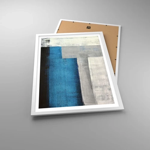 Plakat i hvid ramme - Poetisk komposition af grå og blå - 50x70 cm