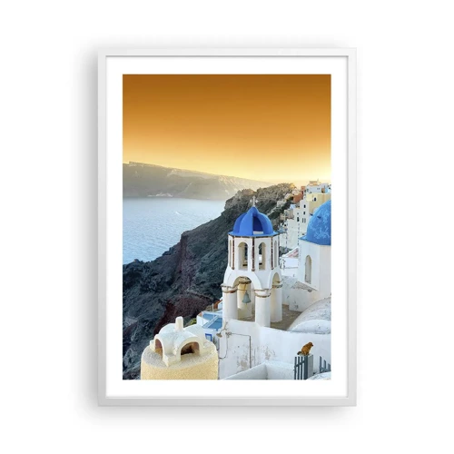 Plakat i hvid ramme - Santorini - omfavnet af klipperne - 50x70 cm