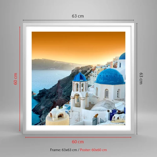 Plakat i hvid ramme - Santorini - omfavnet af klipperne - 60x60 cm