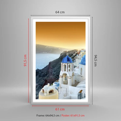 Plakat i hvid ramme - Santorini - omfavnet af klipperne - 61x91 cm