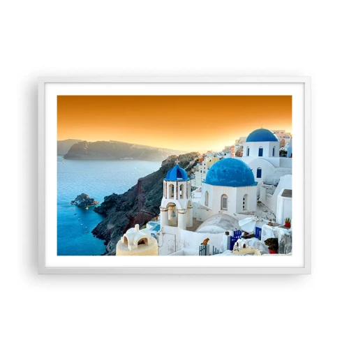 Plakat i hvid ramme - Santorini - omfavnet af klipperne - 70x50 cm